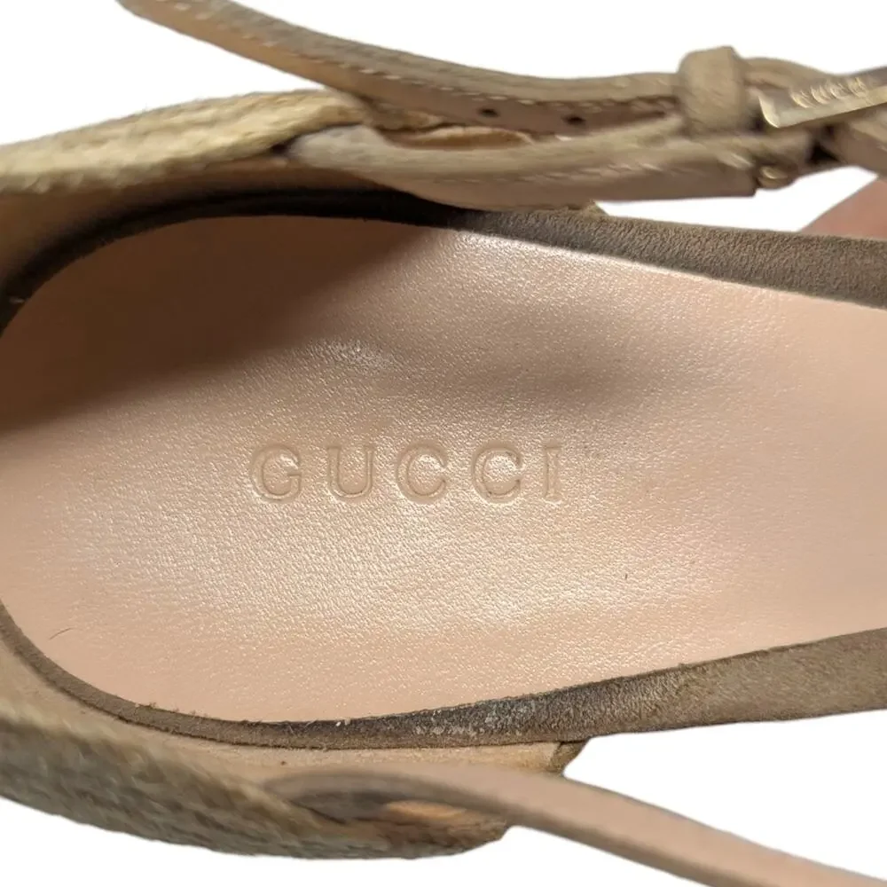 Gucci Horsebit Wedge Espadrille Platform Sandal Neutral Suede Raffia 41 | 10.5